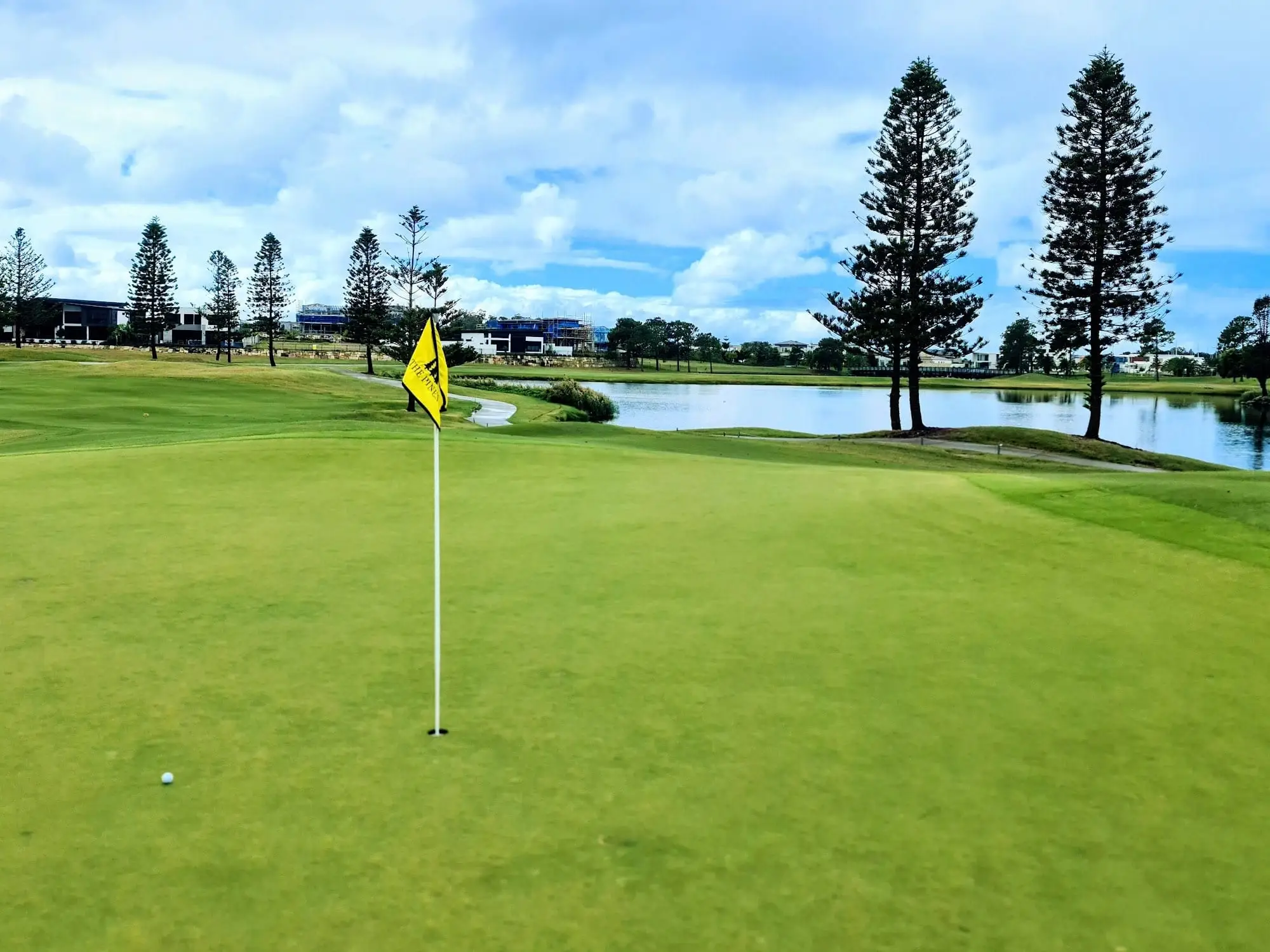 Green with yellow flag beside a pond and pines
