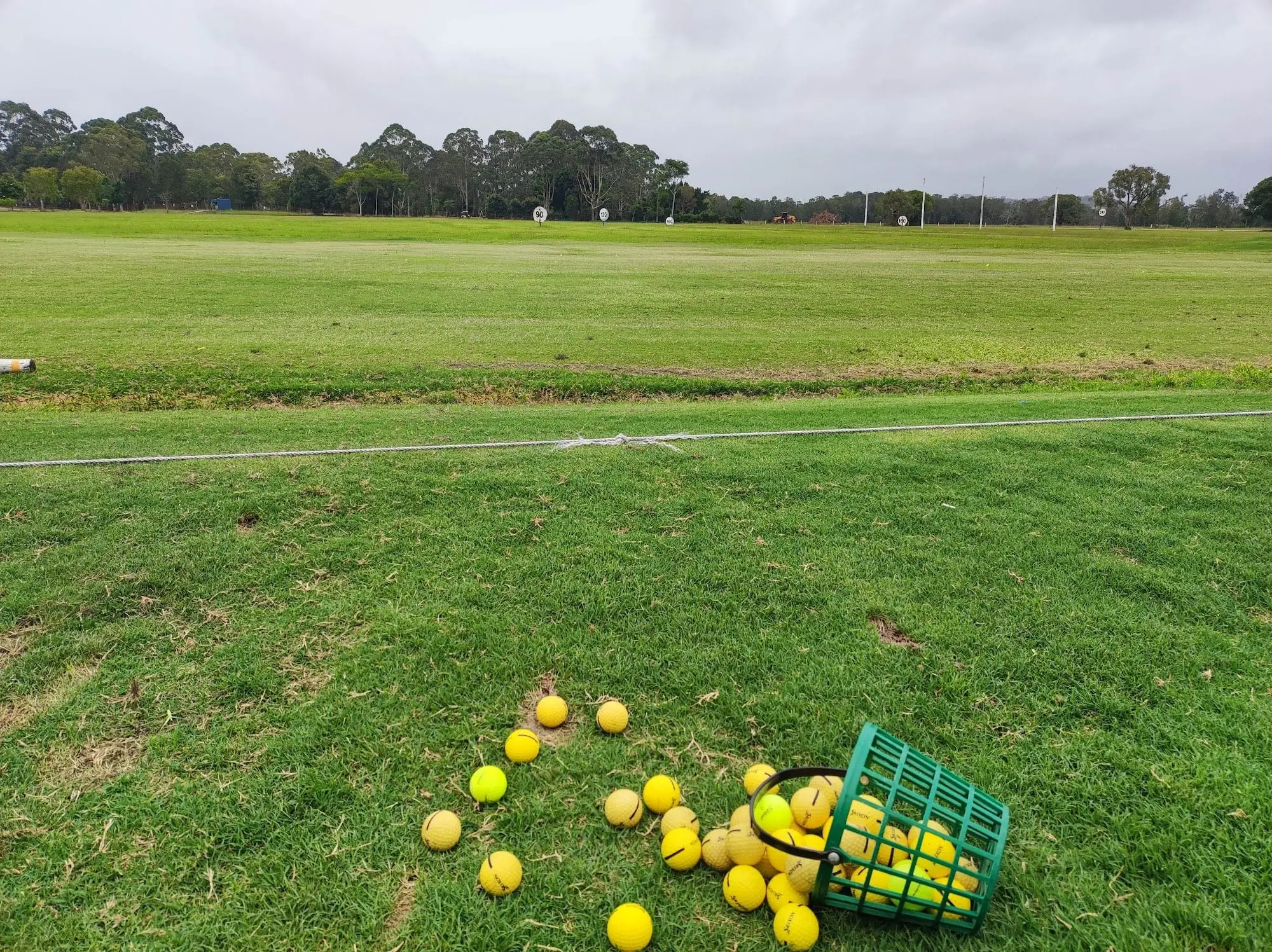 Practice fairway with range balls in the foreground