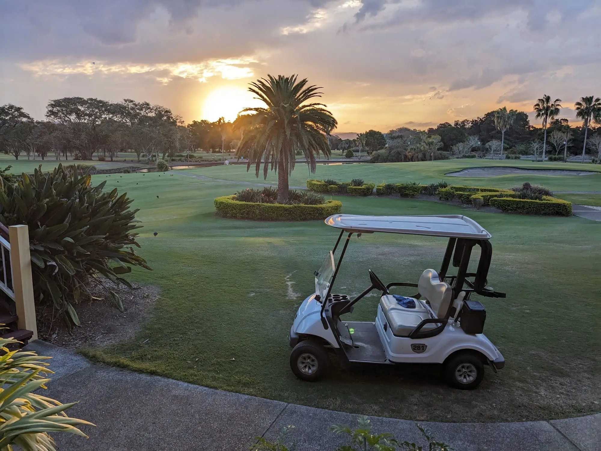 Sunset over fairway with palm tree and cart