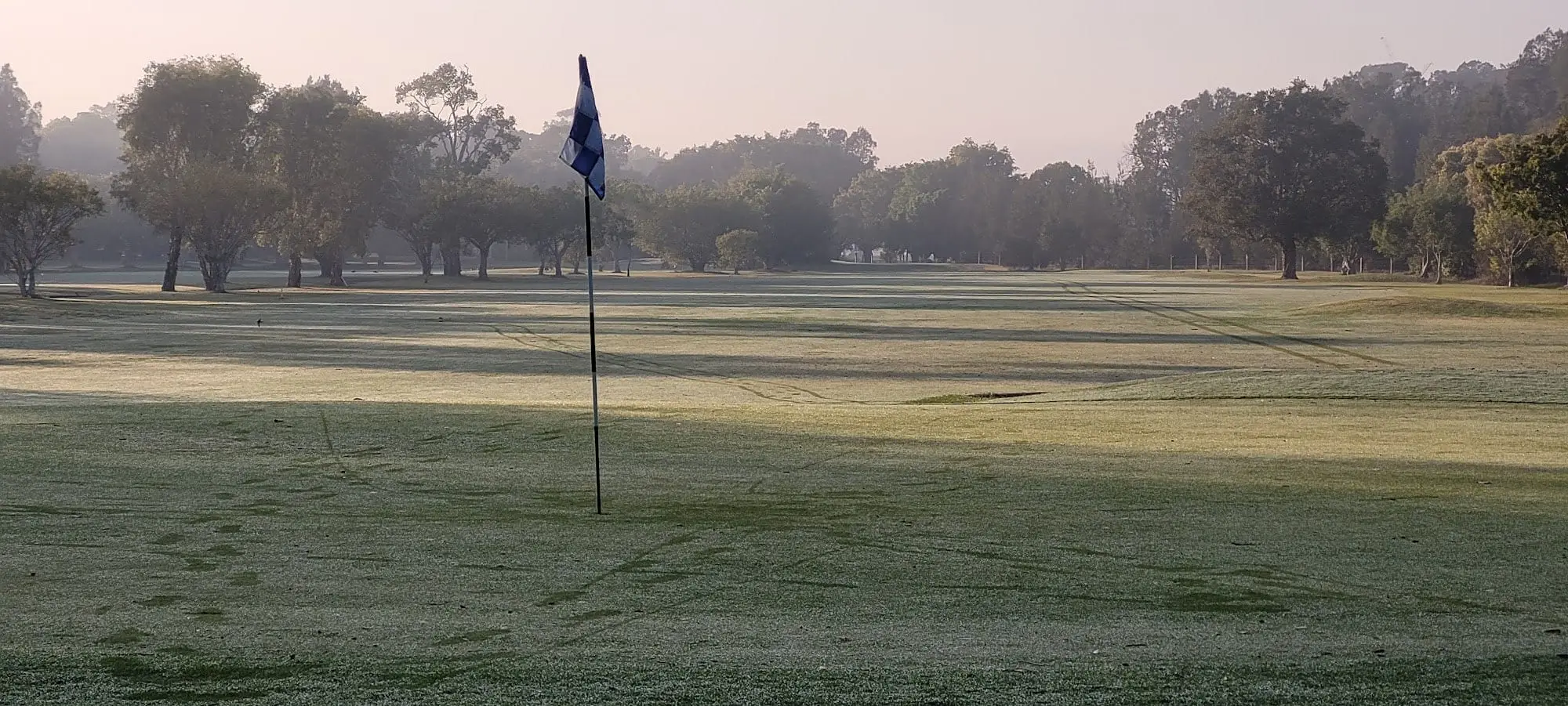 Flag on a misty green early in the morning
