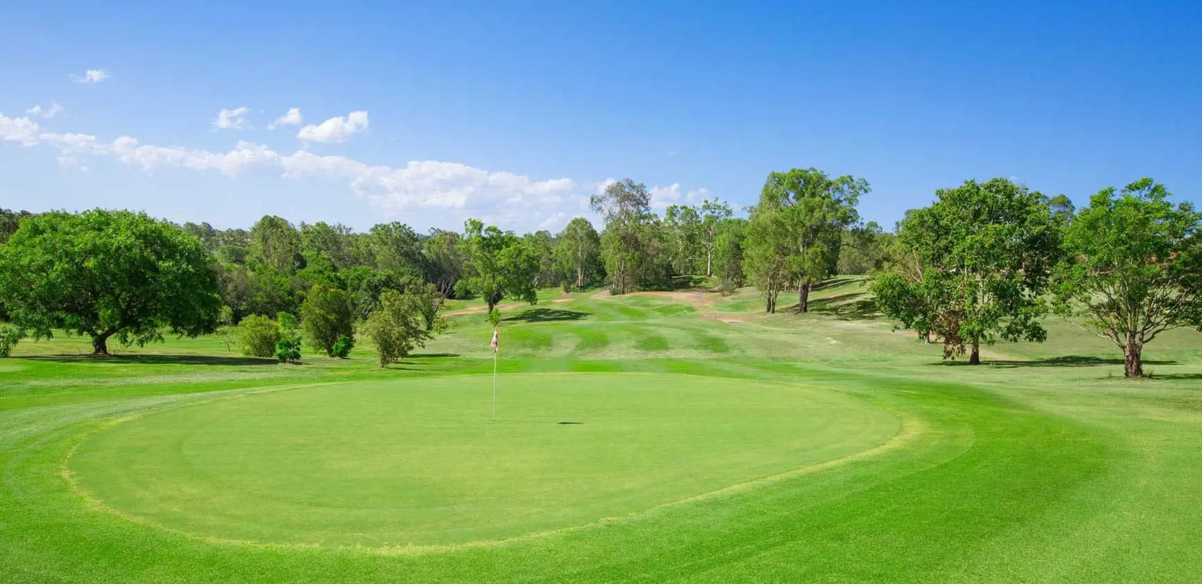 Green and fairway under a blue sky with trees