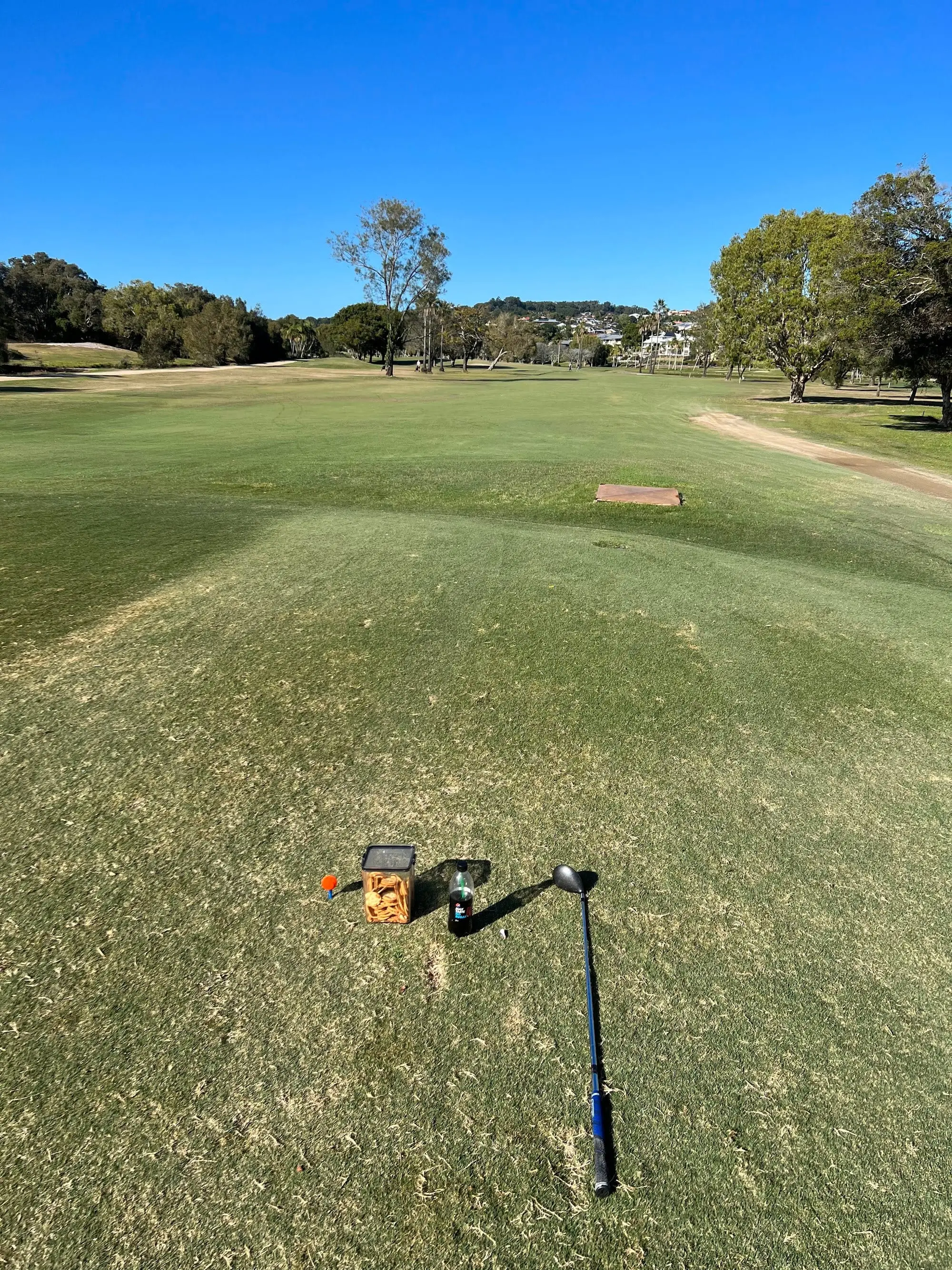 Mown fairway rolling away from the tee toward distant trees