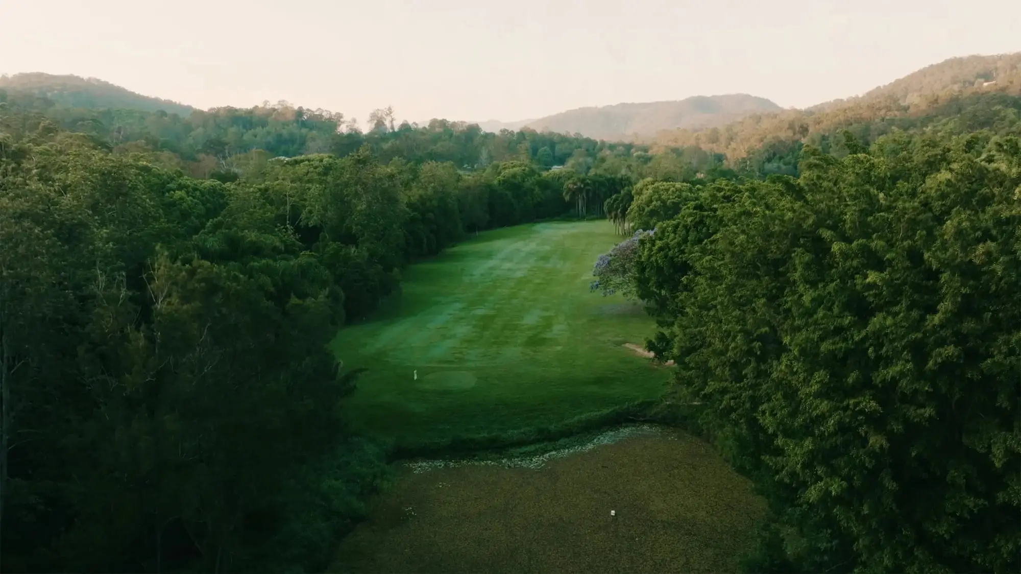 Aerial view of a tree-lined fairway running toward distant mountains