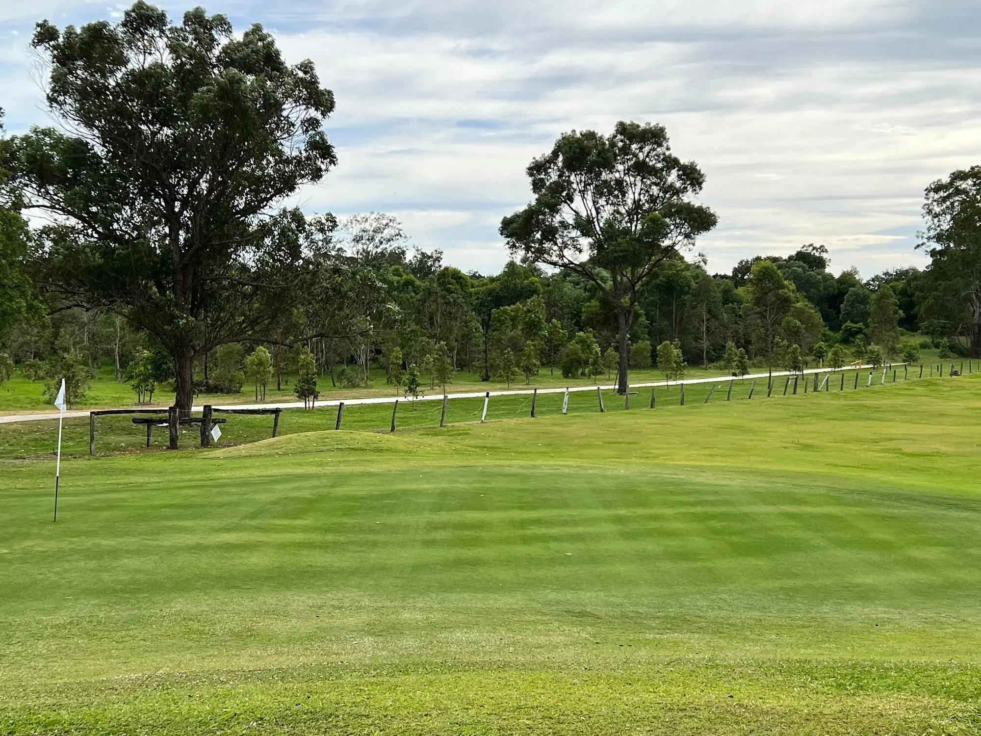 Striped green with flag and fence beneath large trees