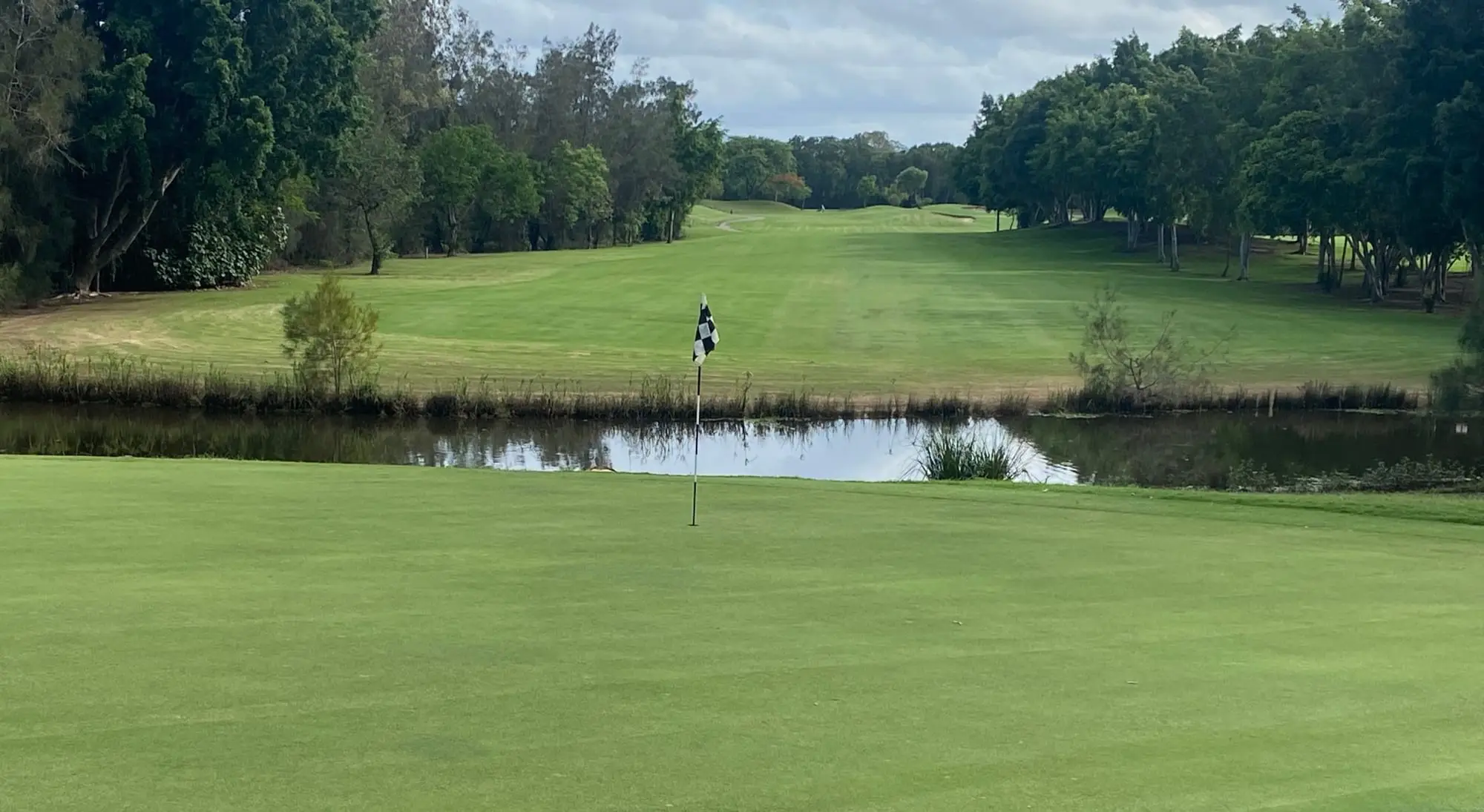 Green and pond with fairway beyond trees