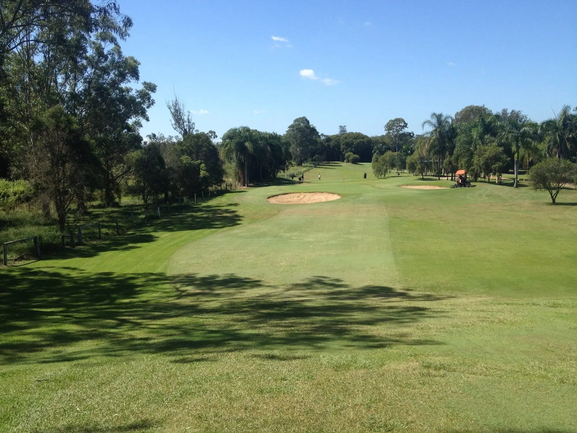 Wide fairway with bunker and palms under blue sky