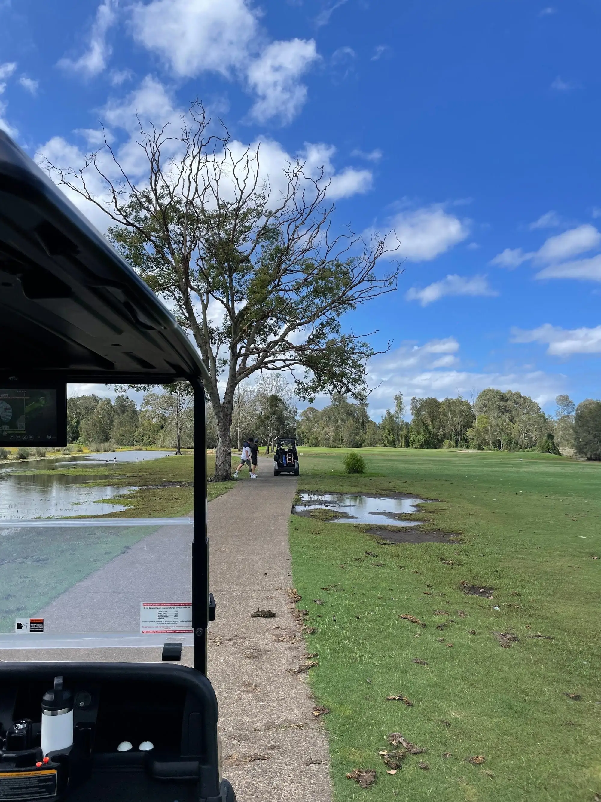 Fairway and pond with trees under a blue sky