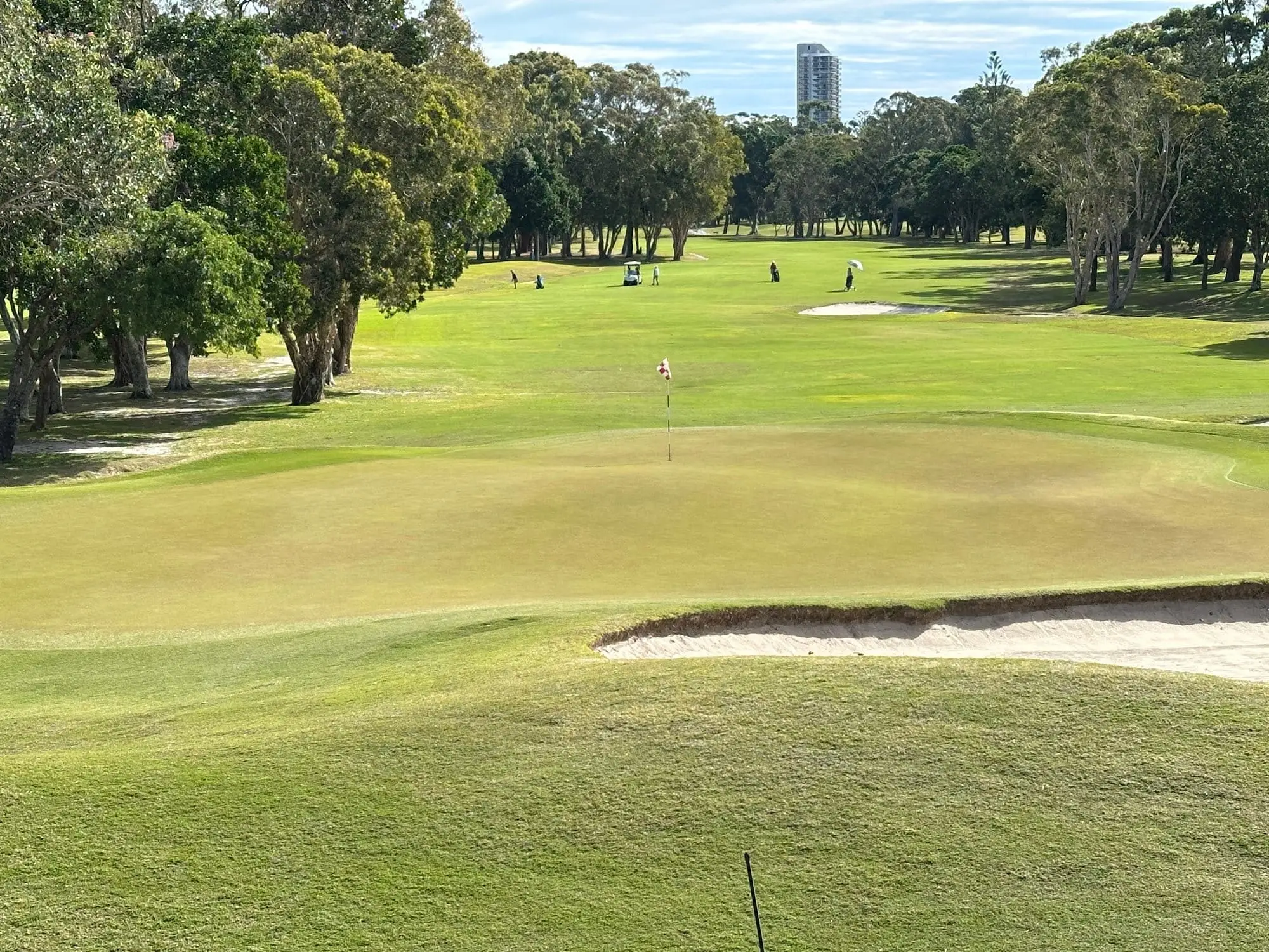 Green with bunker and tree-lined fairway