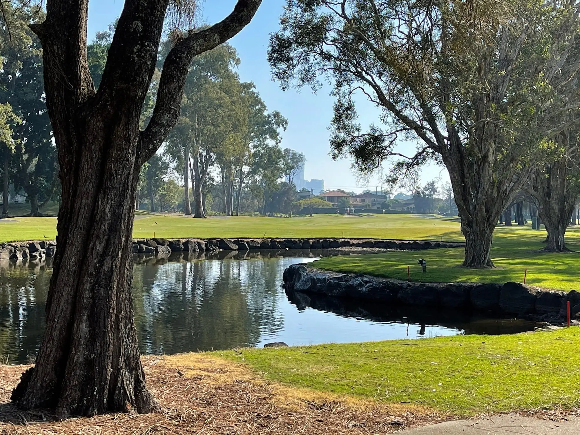 Creek with stone edging beside a fairway under large trees