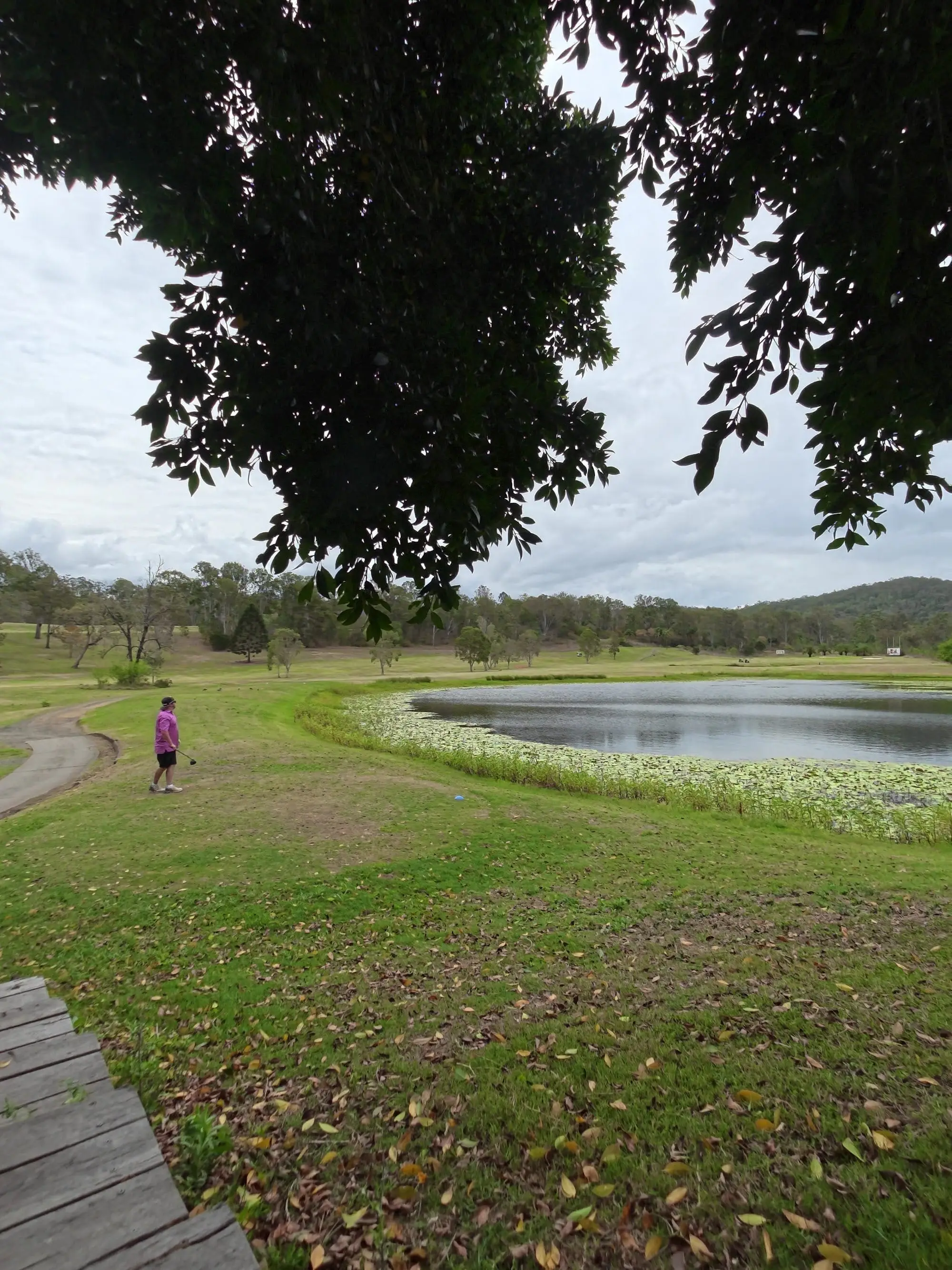 Lake edged with white flowers beside a fairway and hills