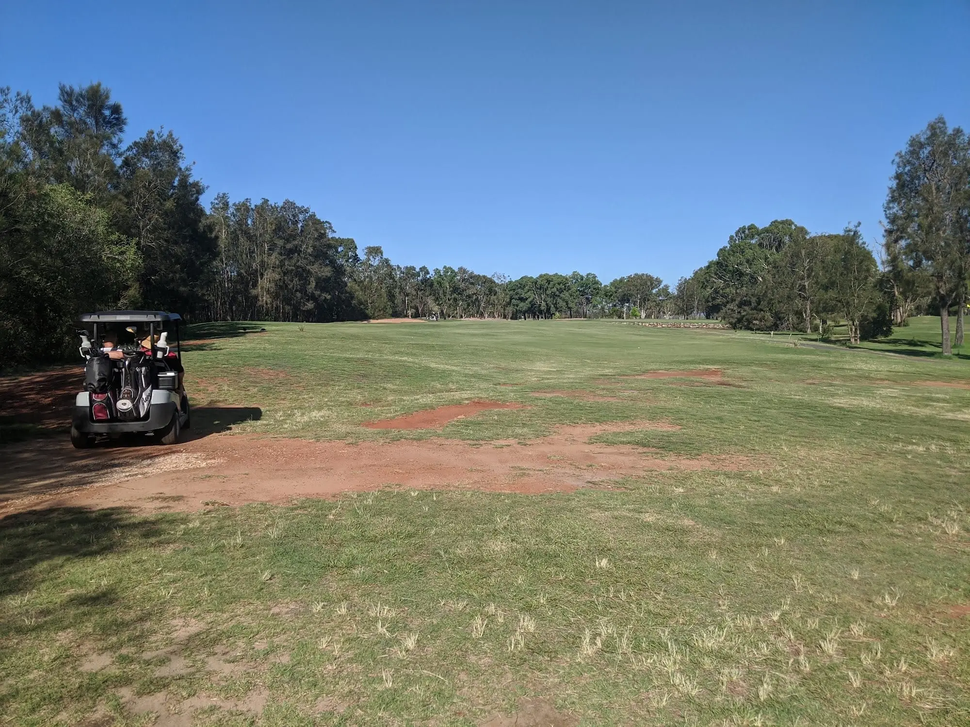 Fairway and golf buggy among trees under blue sky