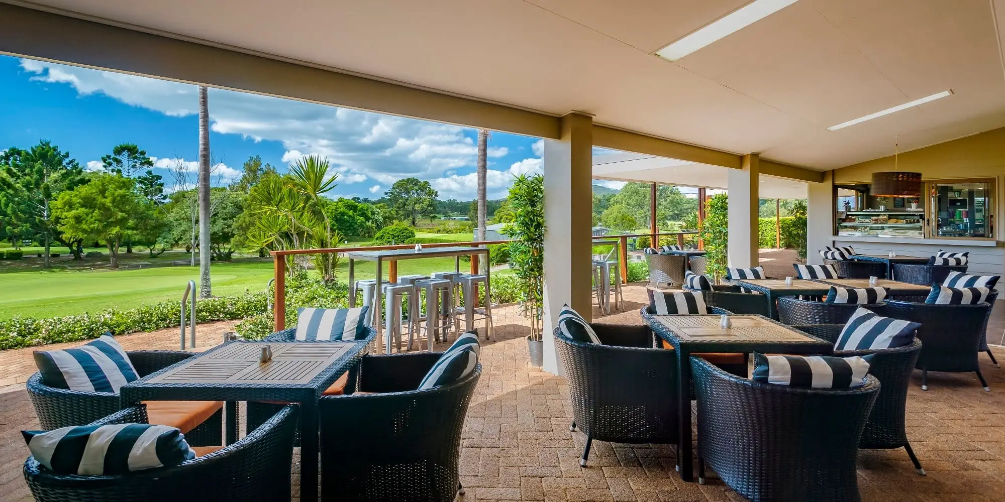 Clubhouse deck overlooking the course and gardens