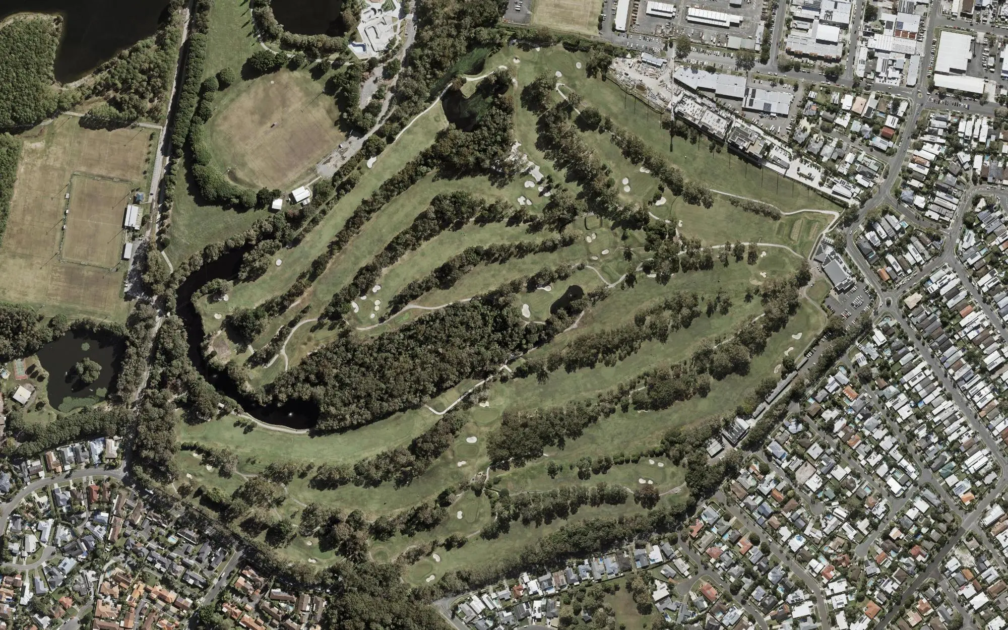 Aerial photo of Burleigh Golf Club with holes numbered at each tee
