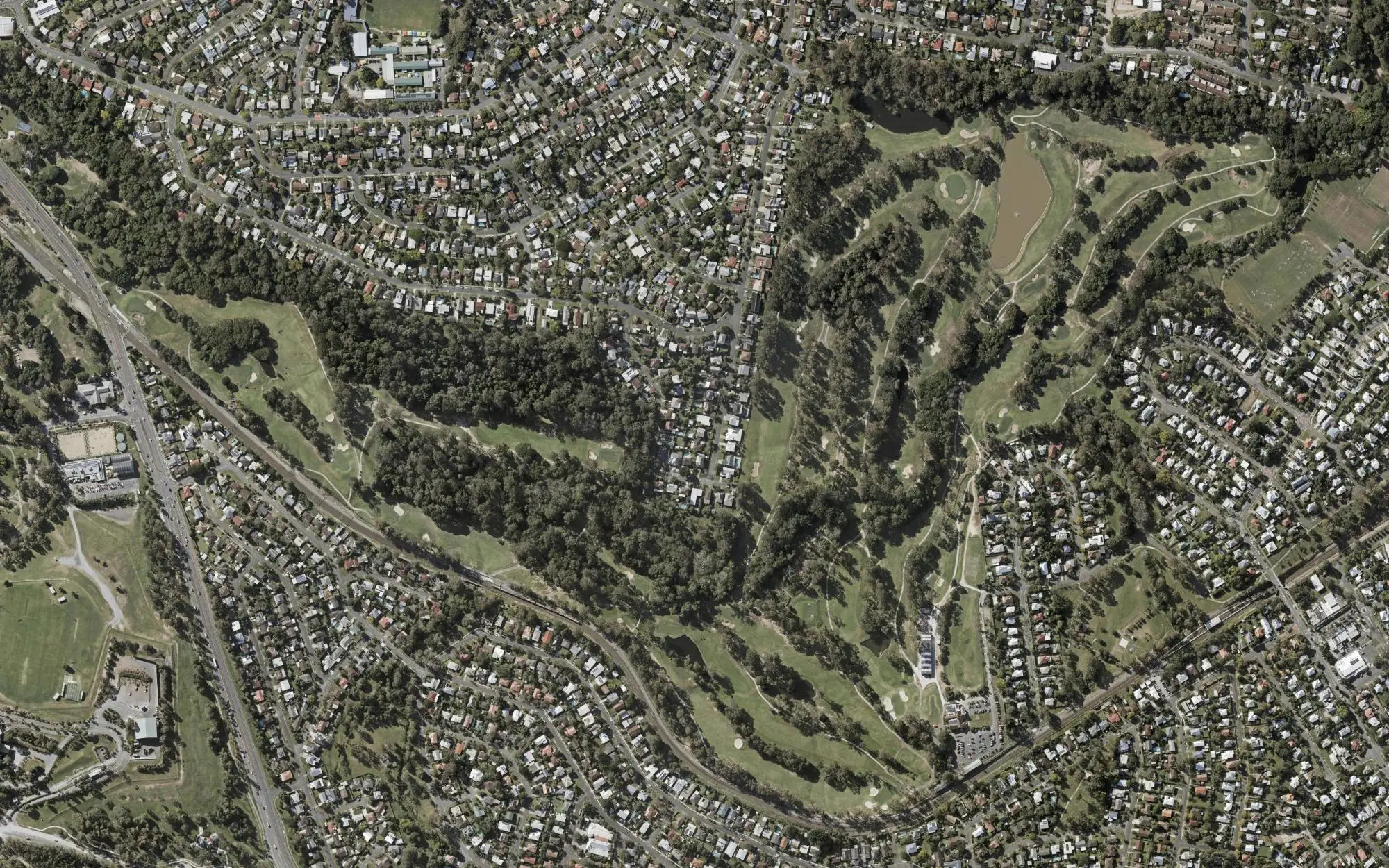Aerial photo of Keperra Country Golf Club with holes numbered at each tee