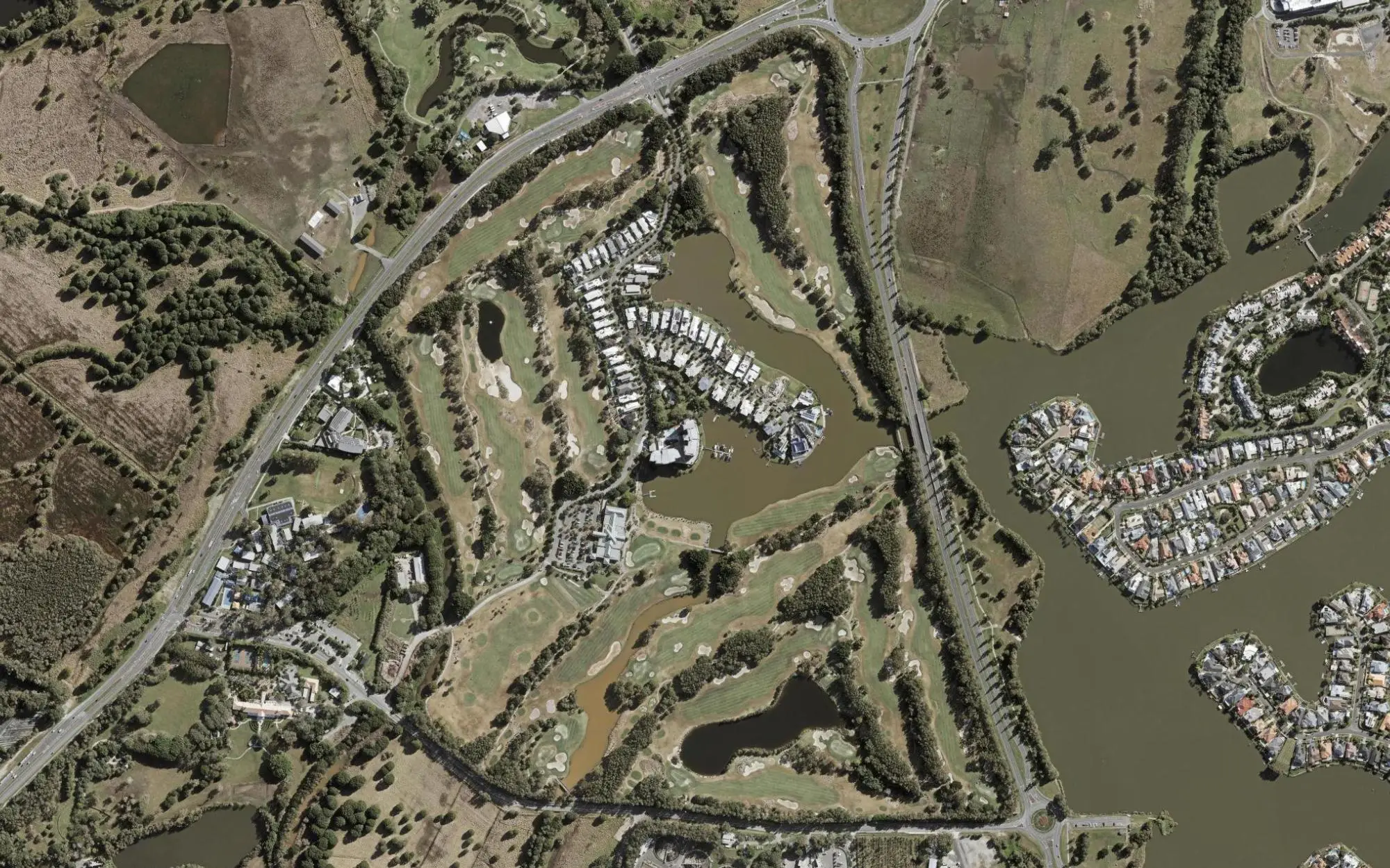Aerial photo of Lakelands Golf Club with holes numbered at each tee