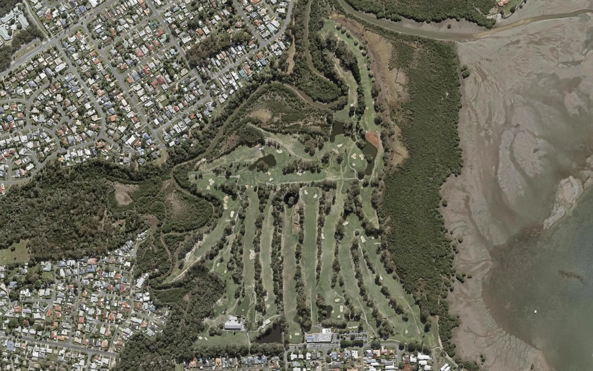 Aerial photo of Redland Bay Golf Club with holes numbered at each tee