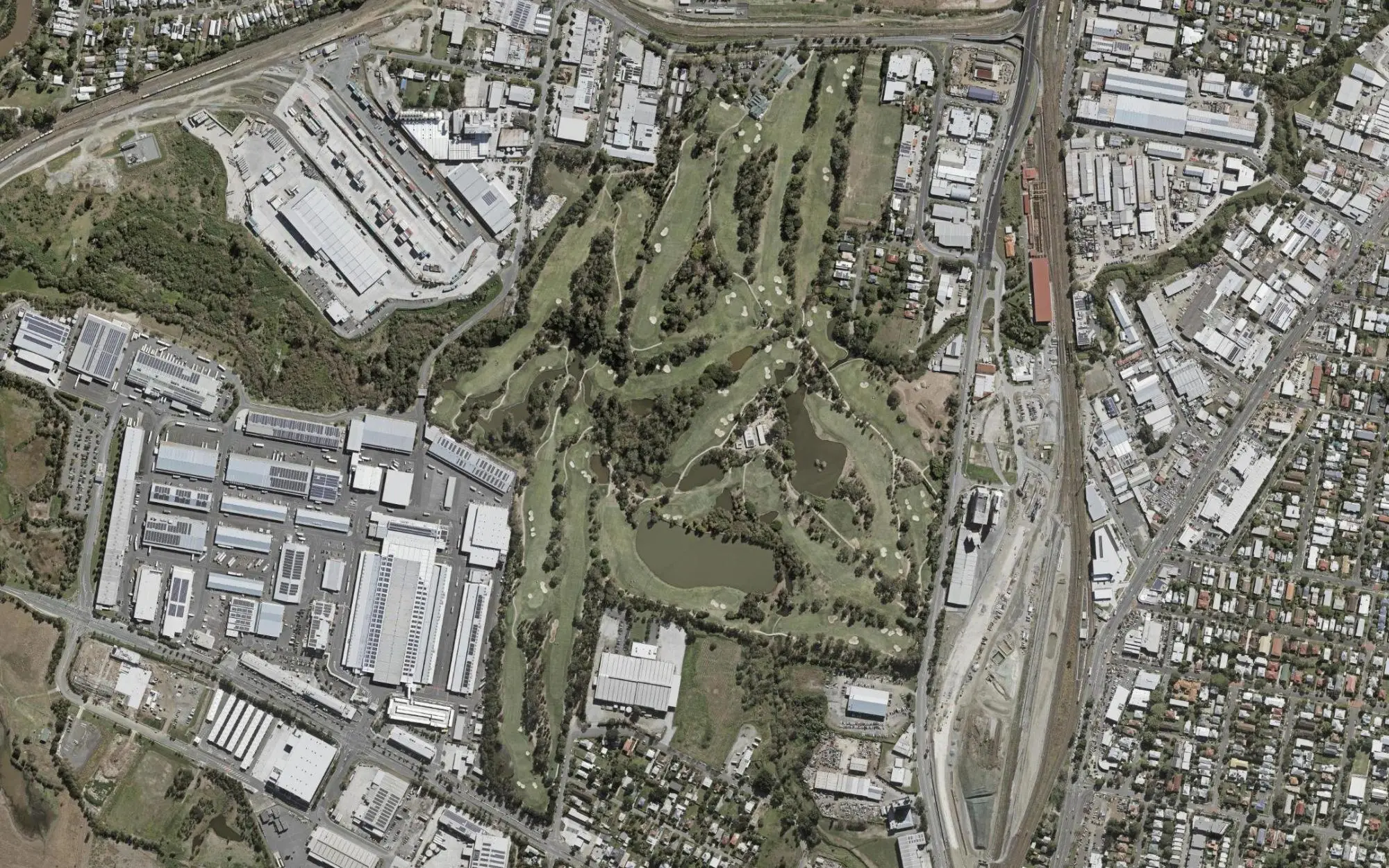 Aerial photo of The Brisbane Golf Club with holes numbered at each tee